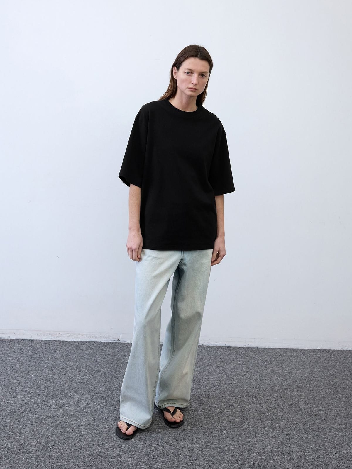 Random Piece Cotton Drop Shoulder T Shirt in Black - On Female Model