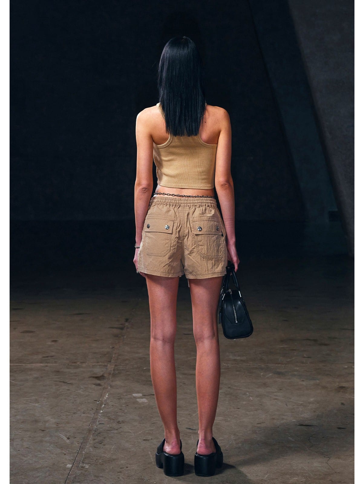 SMFK Lightweight Drawstring Track Shorts in Beige - On Female Model