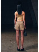 SMFK Lightweight Drawstring Track Shorts in Beige - On Female Model