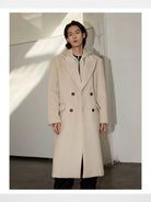 Y OFFICIAL Double Faced Wool Blend Hooded Coat in Beige - On Male Model