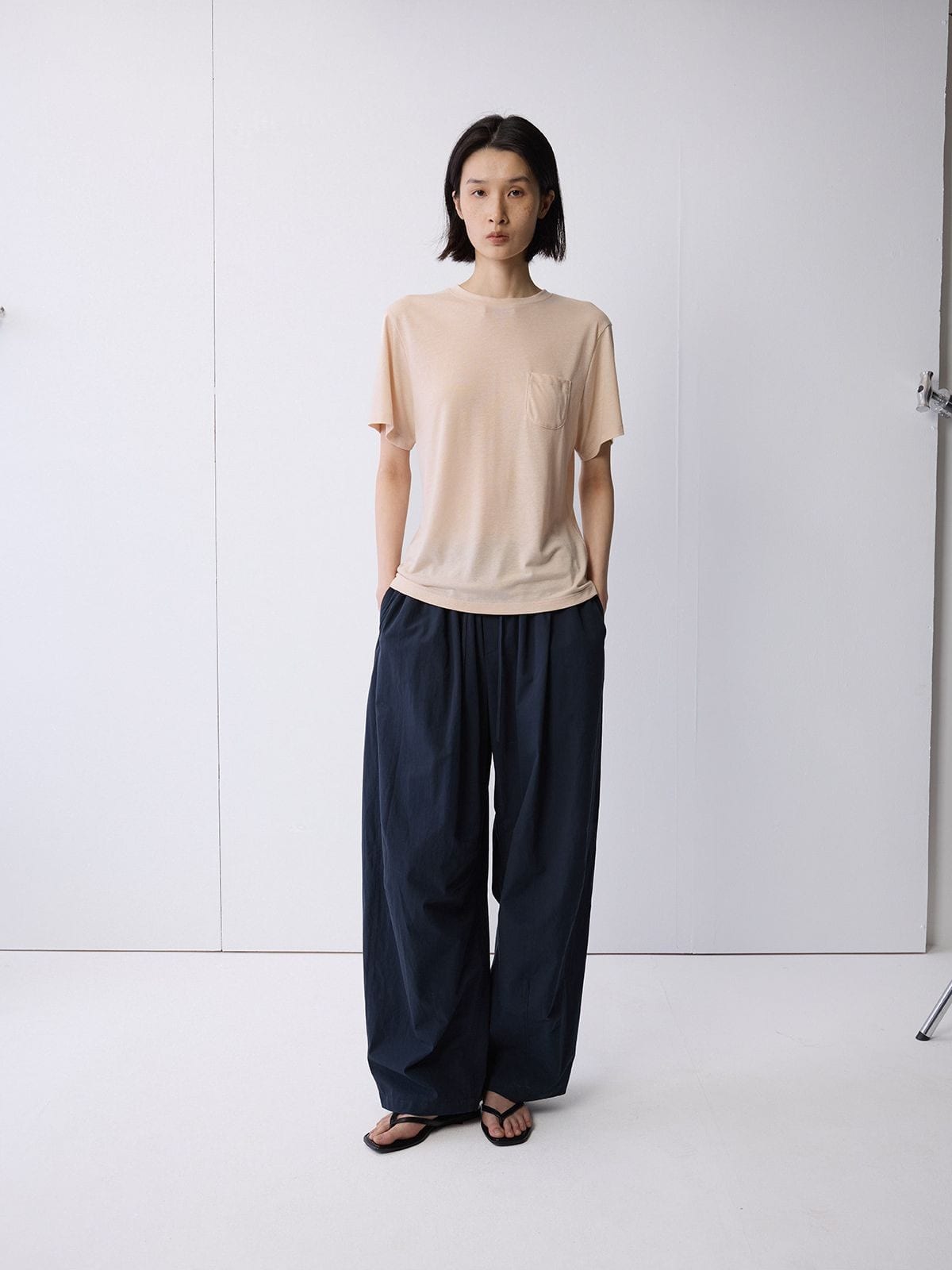 Random Piece Linen Blend Pocket T Shirt in Beige - On Female Model