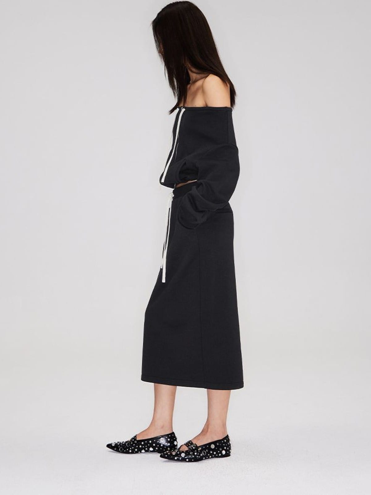 RARELY ALIKE Off Shoulder Zip Up Sweatshirt in Black - On Female Model