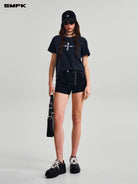 SMFK Washed Cross Graphic Cotton T Shirt in Gray - On Female Model