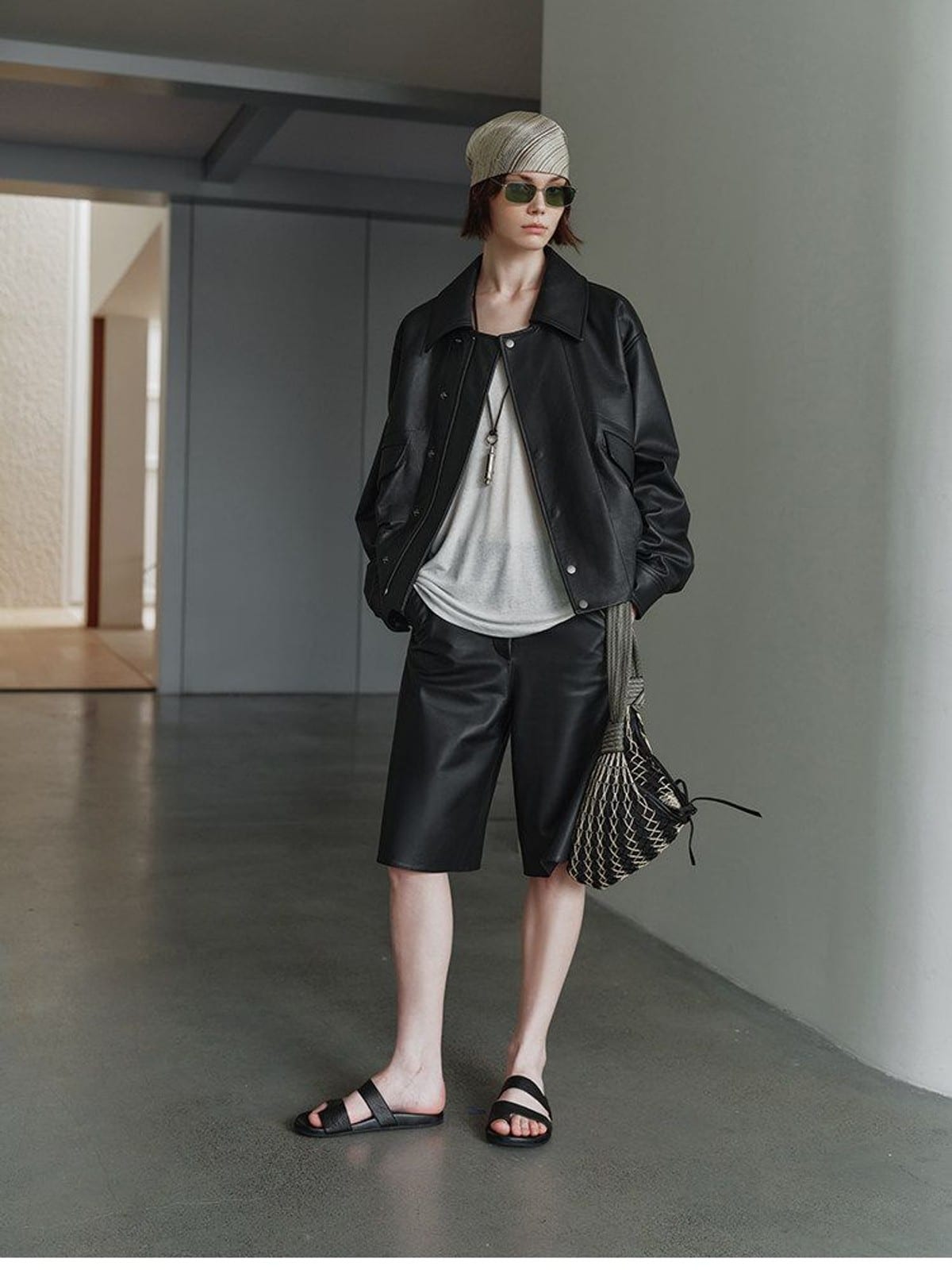 MSBEAST Cow Leather Flight Jacket in Black - On Female Model