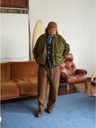 USAGE Corduroy Collar Cotton Fishing Jacket in Olive - On Male Model
