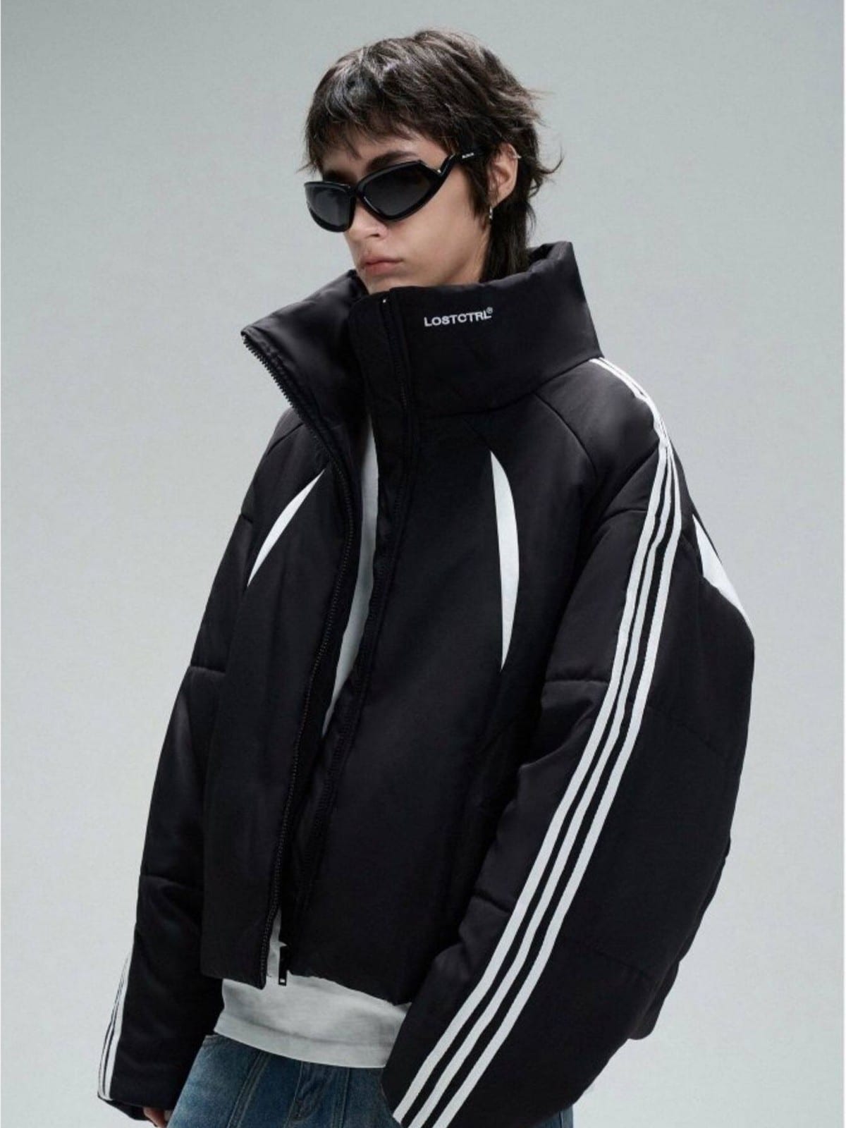 LOSTCTRL Color Block Stripe Puffer Jacket in Black - On Model