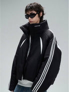 LOSTCTRL Color Block Stripe Puffer Jacket in Black - On Model