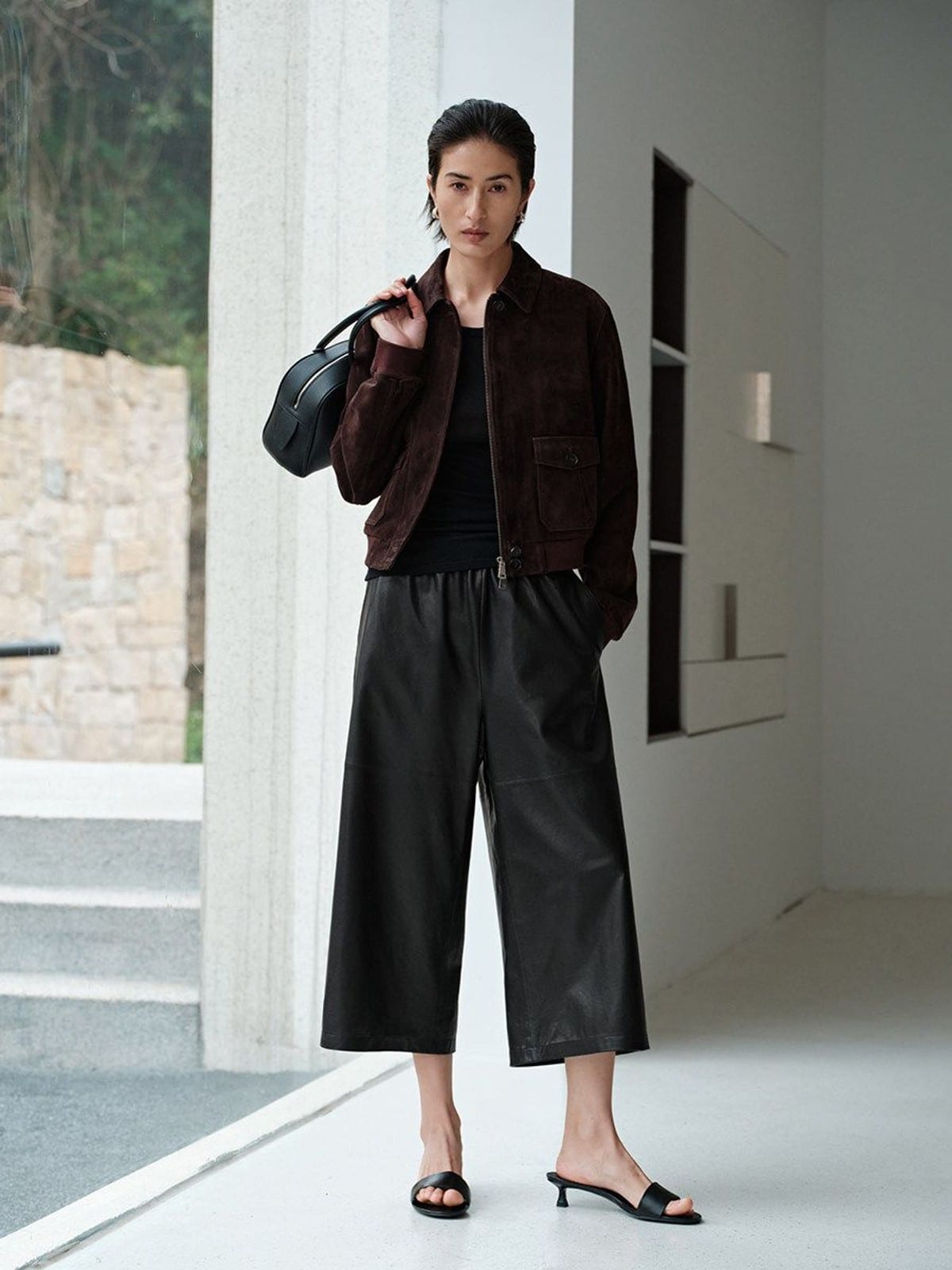 MSBEAST Cropped Suede Leather Jacket in Dark Brown - On Female Model