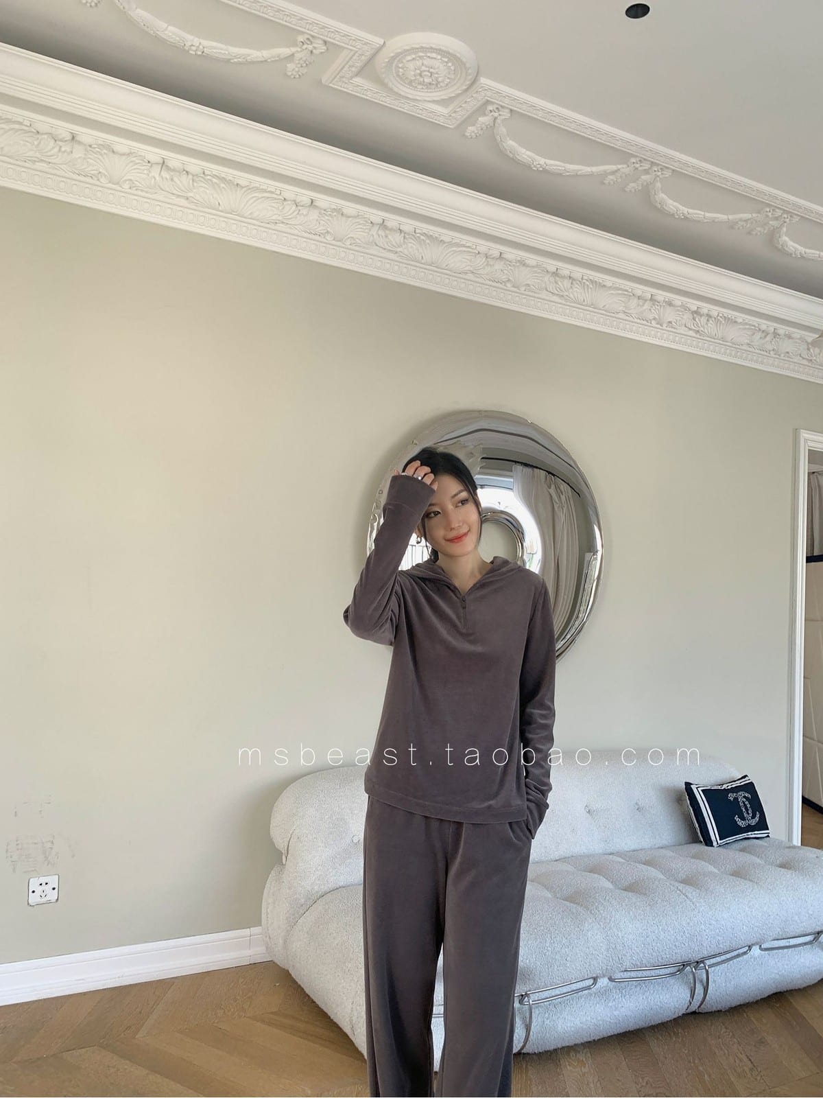 MSBEAST Half Zip Hoodie Wide Leg Pants Set in Gray - On Female Model