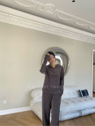 MSBEAST Half Zip Hoodie Wide Leg Pants Set in Gray - On Female Model