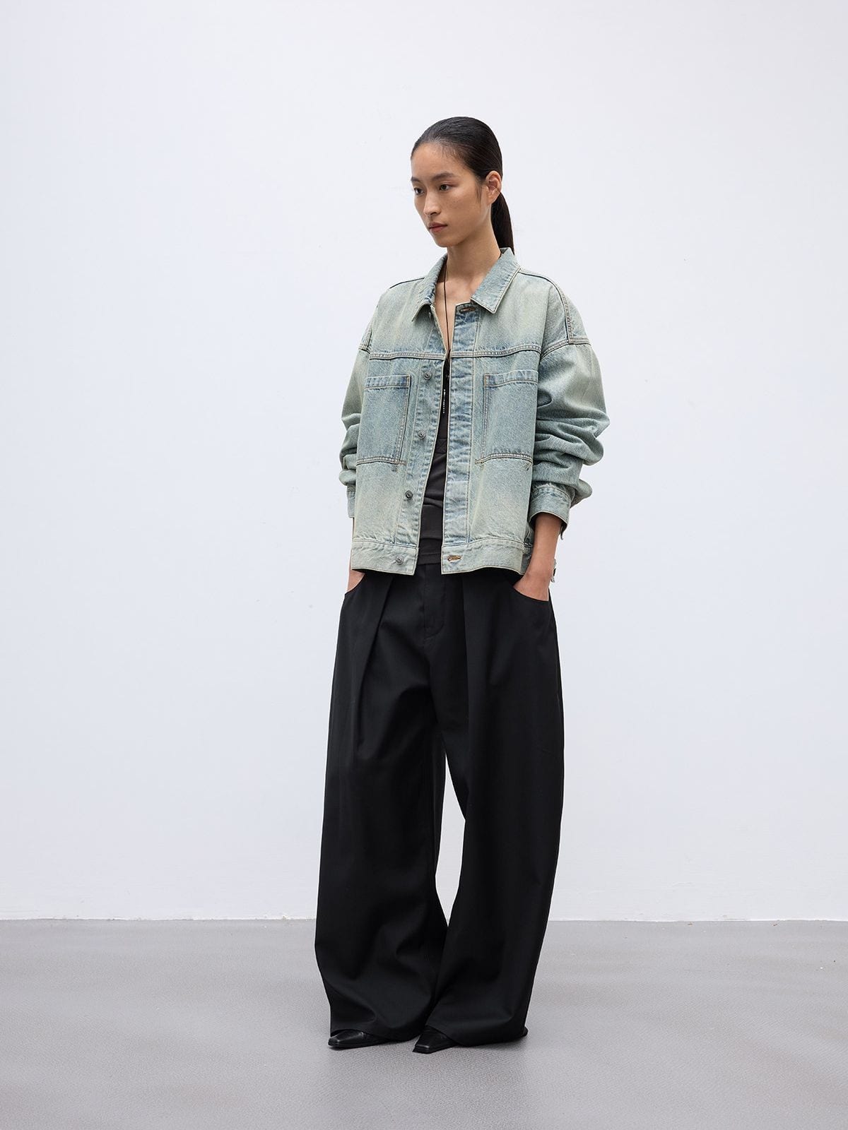 Random Piece Washed Cotton Cropped Denim Jacket in Sky Blue - On Female Model