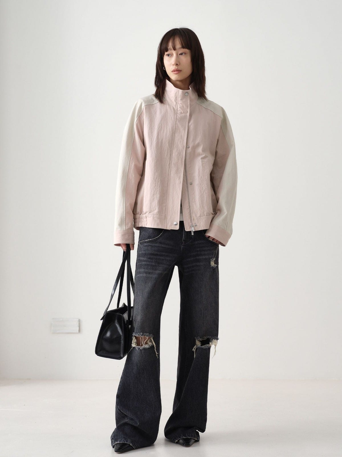 Random Piece Color Block Cotton Blend Cropped Jacket in Pink - On Female Model