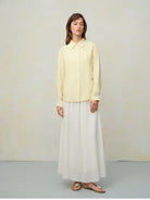 TEASEL Crinkled Silk Blend Short Sleeve Top in Yellow - On Female Model