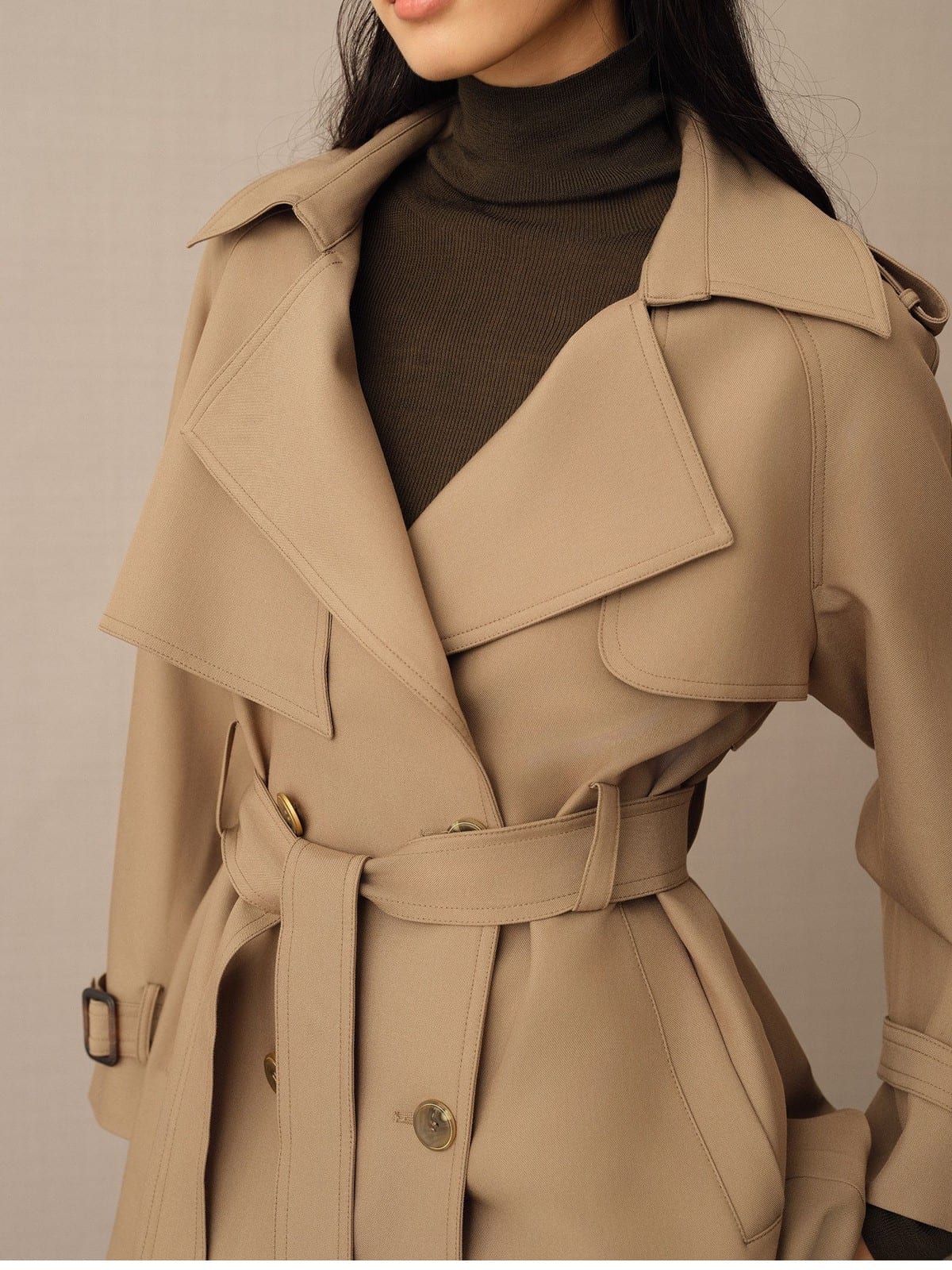 TEASEL Double Breasted Belted Trench Coat in Khaki - On Female Model