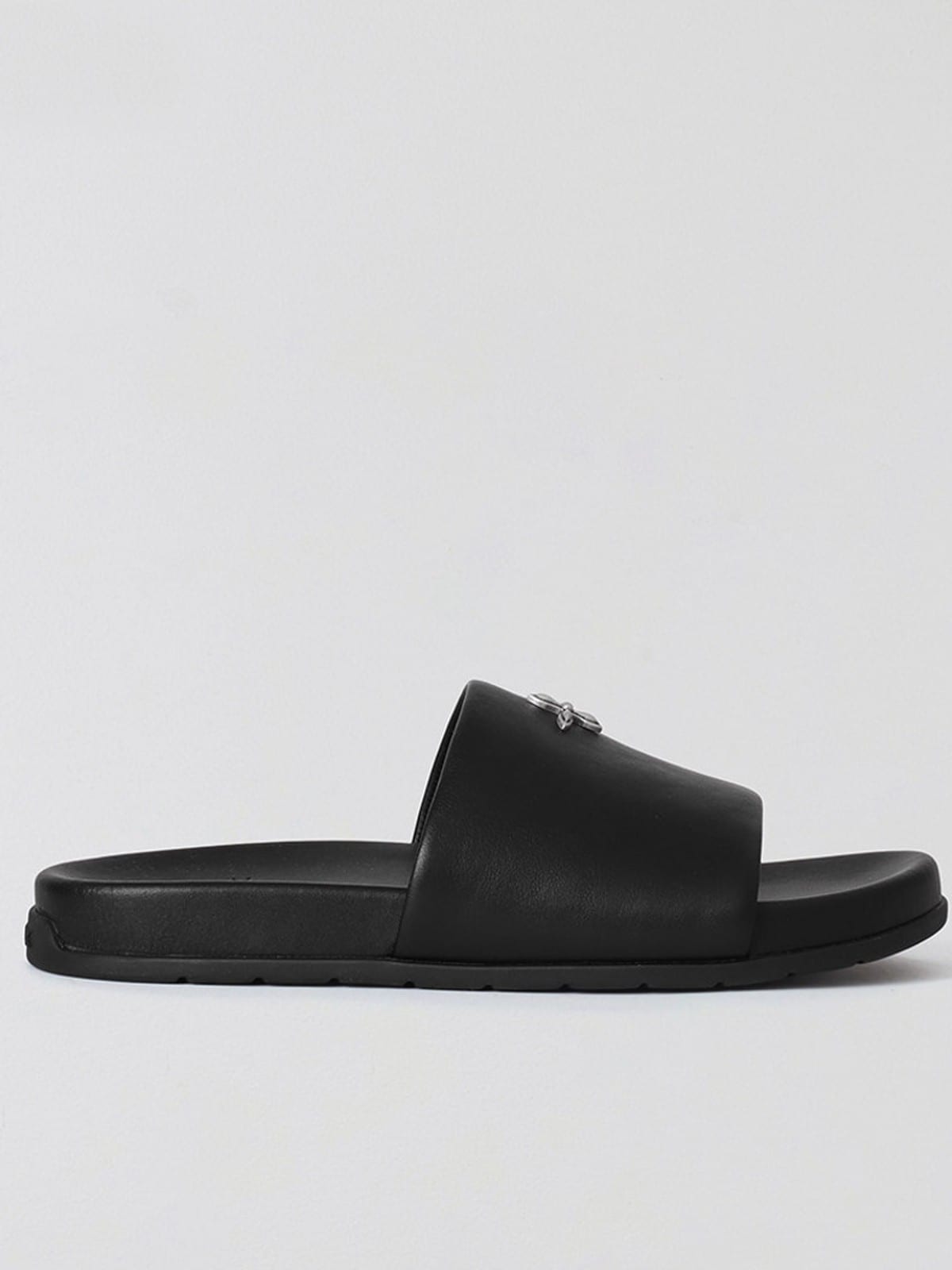 SMFK Leather Cross Detail Slide Sandals in Black