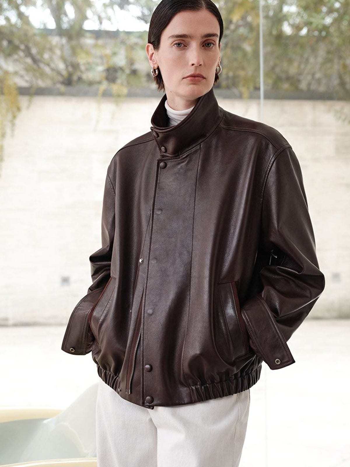 MSBEAST Suede Paneled Sheepskin Jacket in Coffee - On Female Model