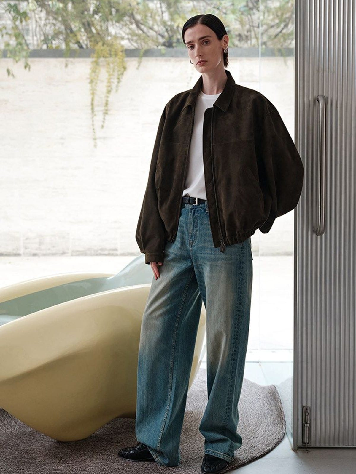 MSBEAST Broad Shoulder Sheepskin Jacket in Olive - On Female Model