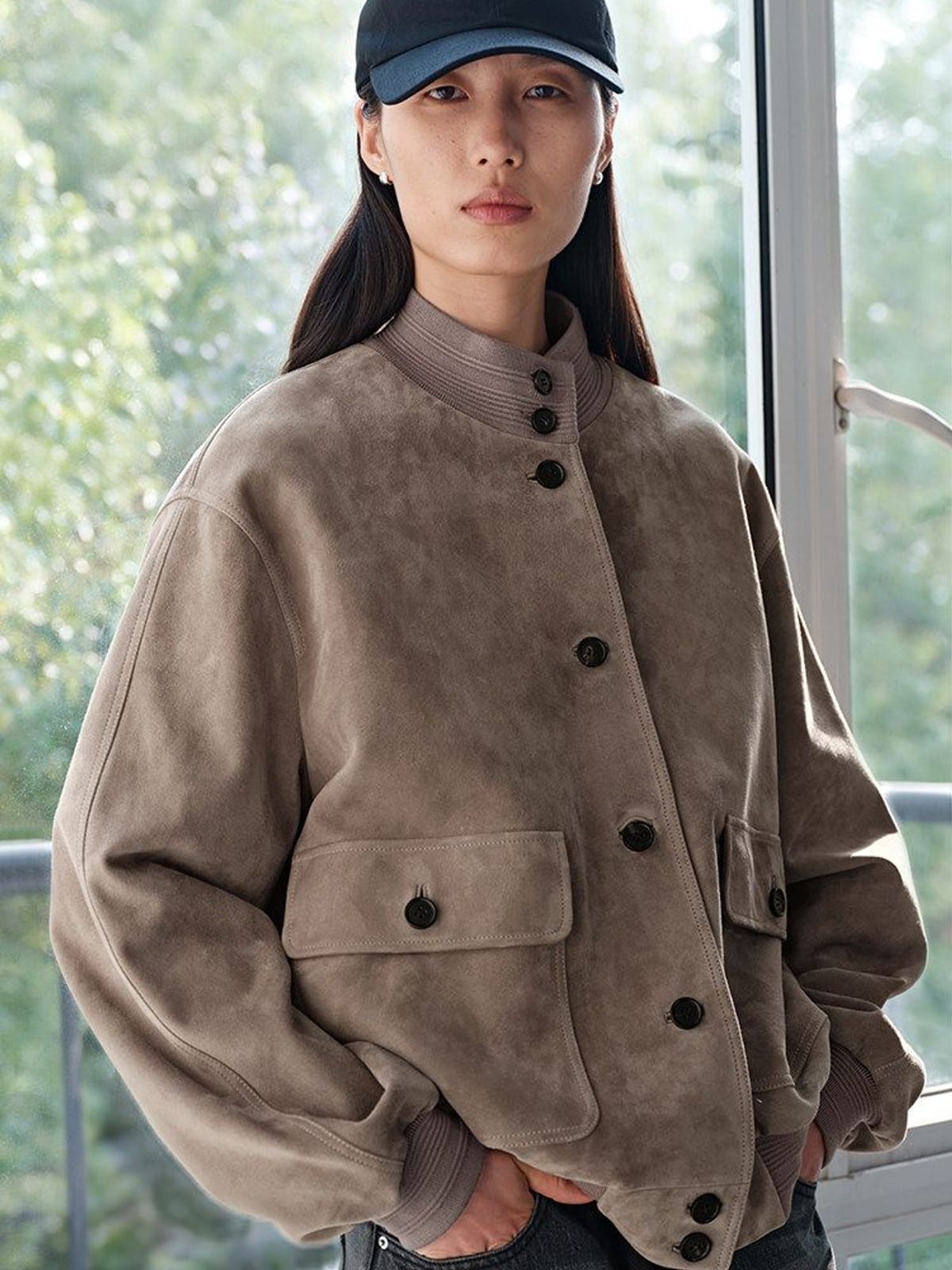 MSBEAST Oversized Sheep Suede Bomber Jacket in Beige - On Female Model