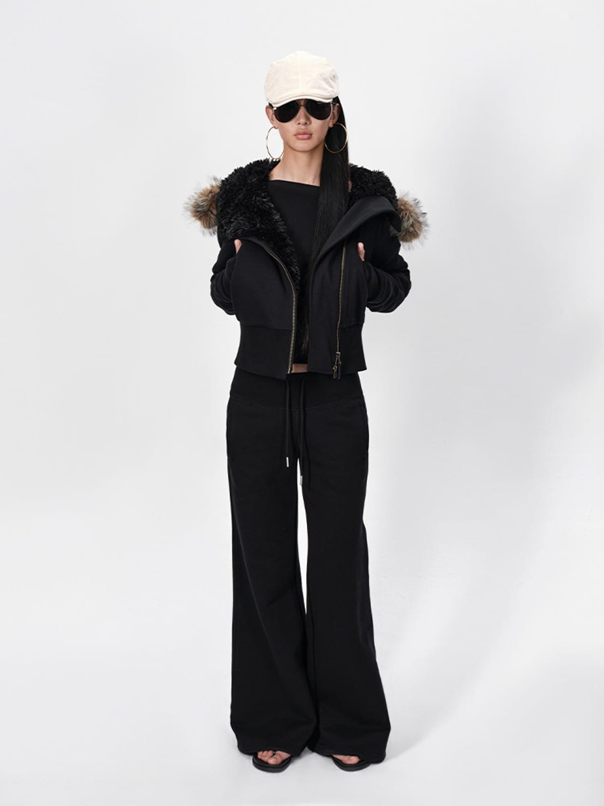 RARELY ALIKE Asymmetrical Faux Fur Trim Padded Jacket in Black - On Female Model