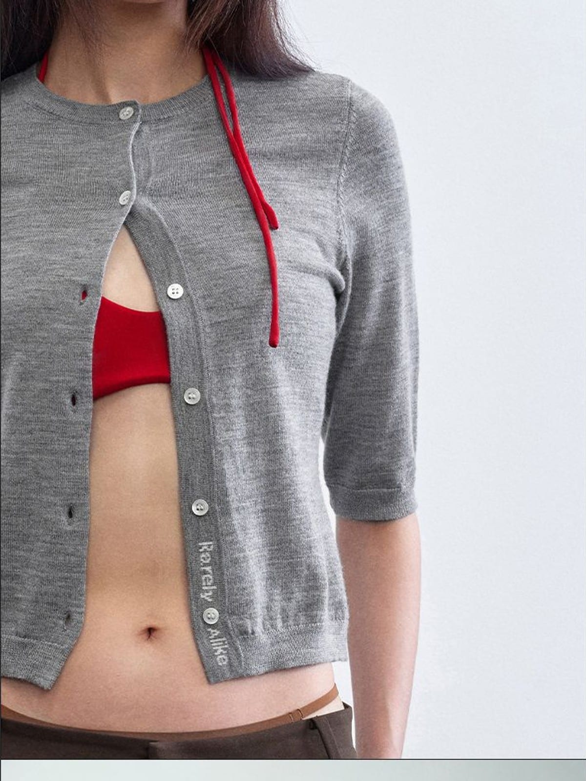 RARELY ALIKE Pure Wool Half Sleeve Cardigan in Gray - On Female Model