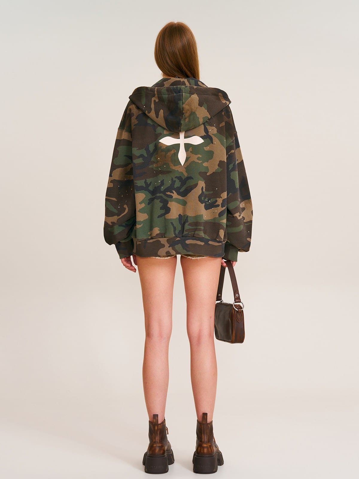 SMFK Cross Embroidered Zip Up Hoodie in Olive - On Female Model