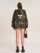 SMFK Cross Embroidered Zip Up Hoodie in Olive - On Female Model