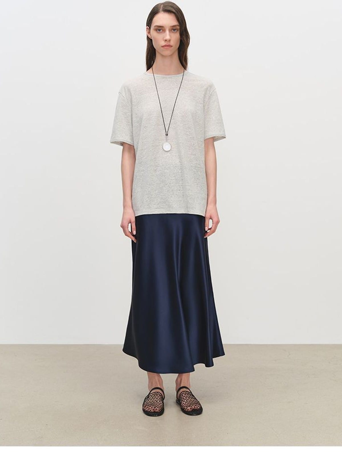 MSBEAST Sheer Linen Blend Crewneck T Shirt in Gray - On Female Model