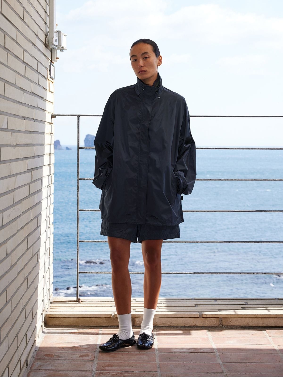 Random Piece Stand Collar Polyamide Windbreaker in Gray - On Female Model