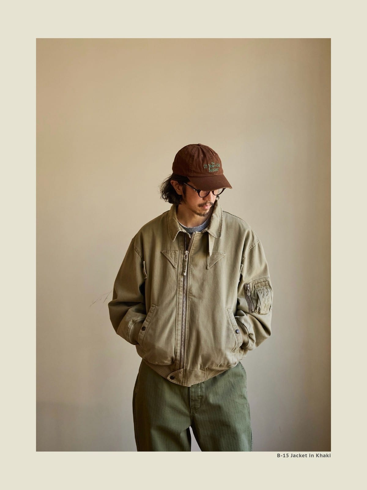 USAGE Washed Cotton Lyocell B 15 Bomber in Khaki - On Male Model