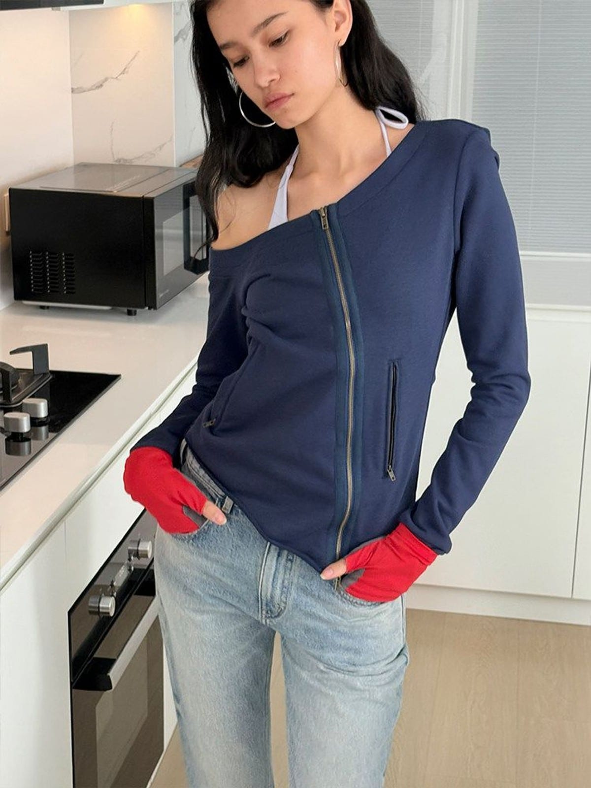RARELY ALIKE Asymmetric Off Shoulder Sweatshirt in Navy Blue - On Female Model