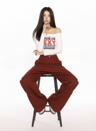 Deconstructed Curved Seam Trousers in Burgundy #pose_variant #color_burgundy - On Female Model