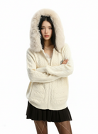 Fur Trimmed Cable Knit Zip Hoodie in White #pose_variant #color_white - On Female Model